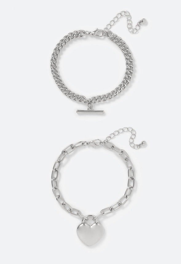 Amal 2 Pack Heart And T-Bar Chain Bracelet Set Silver