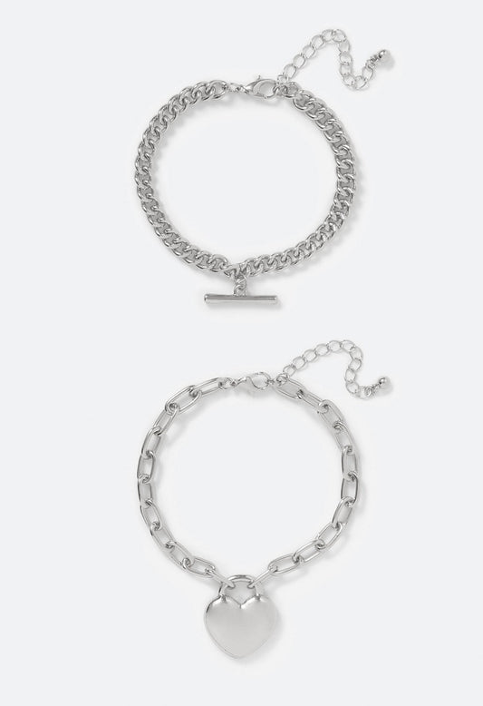 Amal 2 Pack Heart And T-Bar Chain Bracelet Set Silver