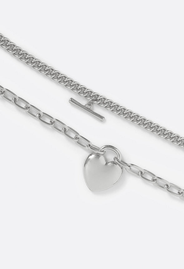 Amal 2 Pack Heart And T-Bar Chain Bracelet Set Silver