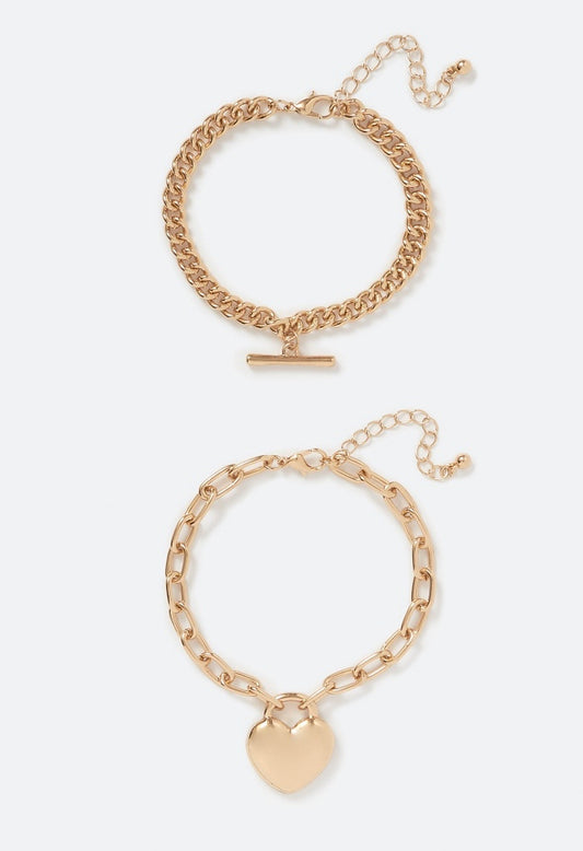 Amal 2 Pack Heart And T-Bar Chain Bracelet Set Gold