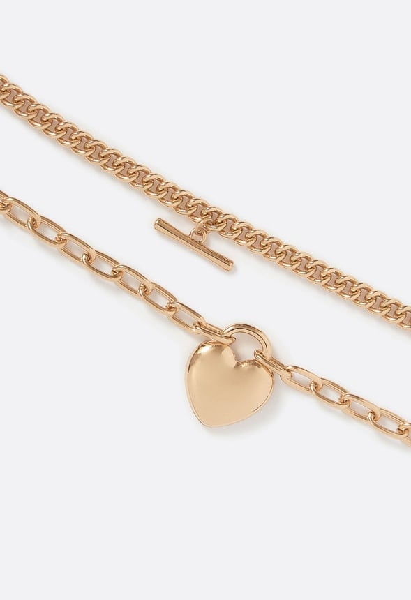 Amal 2 Pack Heart And T-Bar Chain Bracelet Set Gold