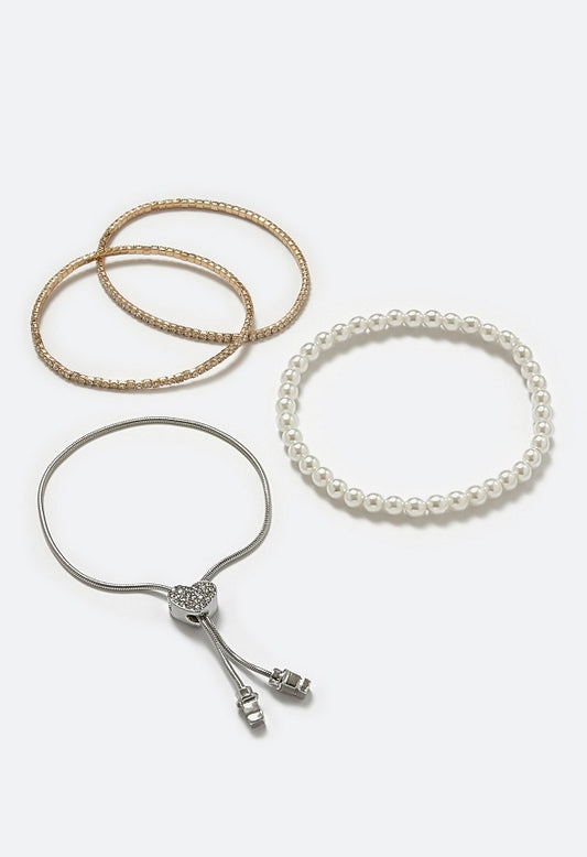 Brera Adjustable Heart Bracelet With Stretch Pearl & Cupchain Bracelets Pack Silver/ Gold