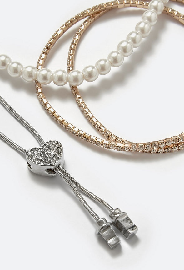Brera Adjustable Heart Bracelet With Stretch Pearl & Cupchain Bracelets Pack Silver/ Gold