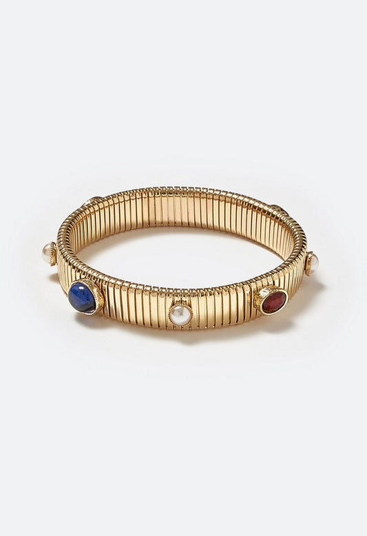 Cloe Multicolor Glass & Resin Stones Ribbed Stretch Bracelet Multi/ Gold