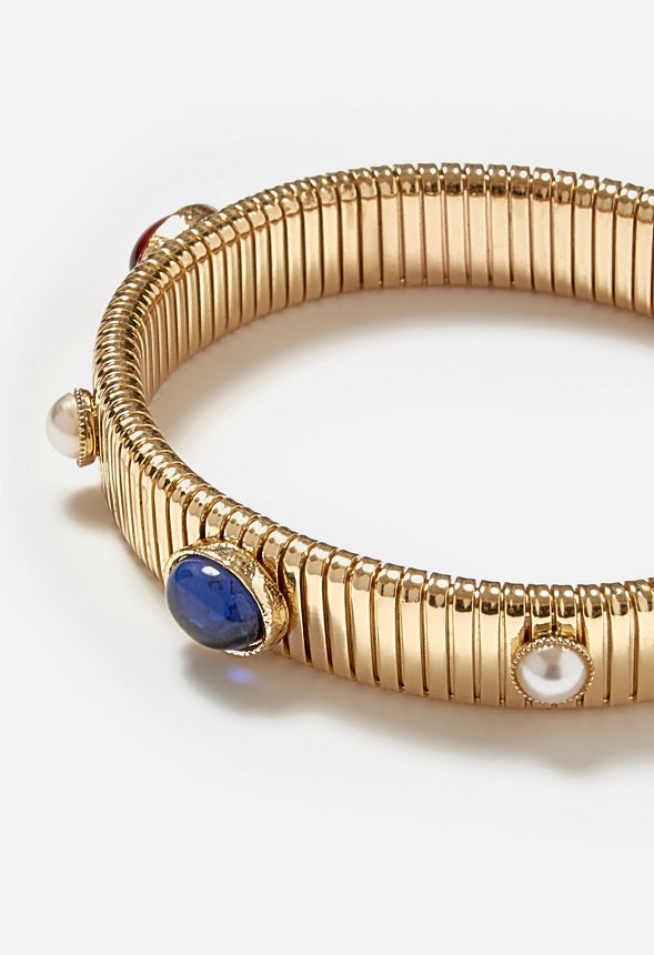 Cloe Multicolor Glass & Resin Stones Ribbed Stretch Bracelet Multi/ Gold