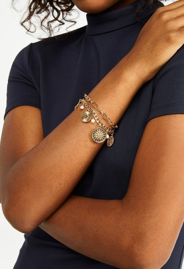 Enid 2 Rows Charm Bracelet With Celestial Coins And Glass Pearls Cream/ Gold