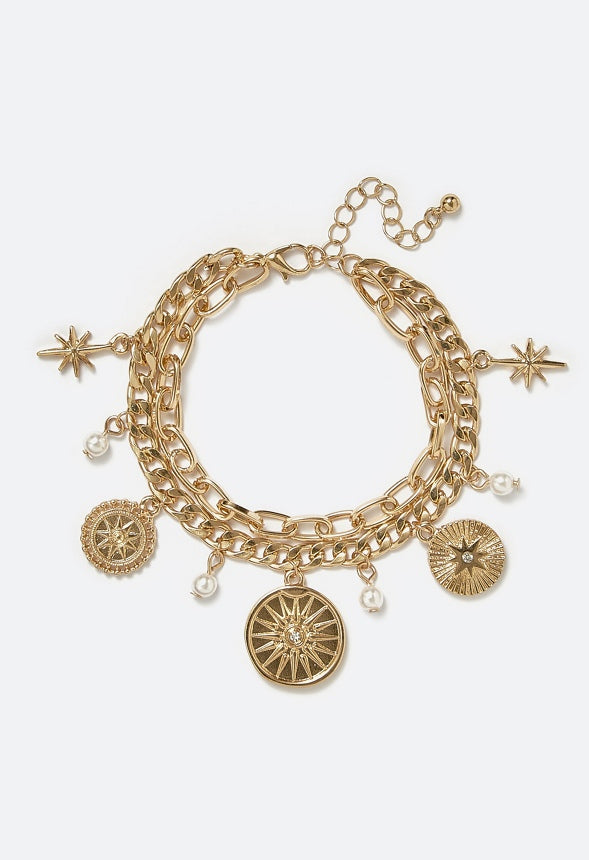 Enid 2 Rows Charm Bracelet With Celestial Coins And Glass Pearls Cream/ Gold