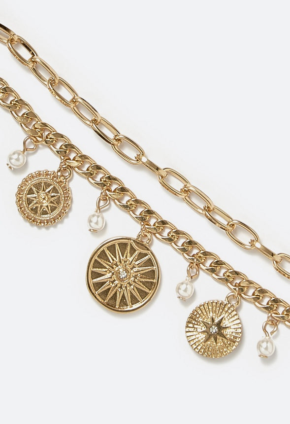 Enid 2 Rows Charm Bracelet With Celestial Coins And Glass Pearls Cream/ Gold