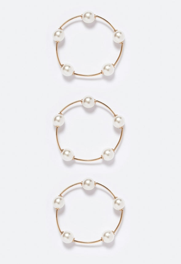 3-Pack Elena Spaced Pearl Stretch Bracelets Cream/ Gold