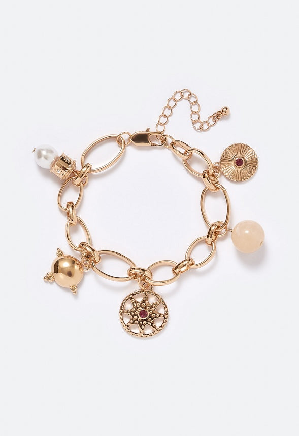 Erin Link Chain Bracelet With Mix Charms Cream/ Gold