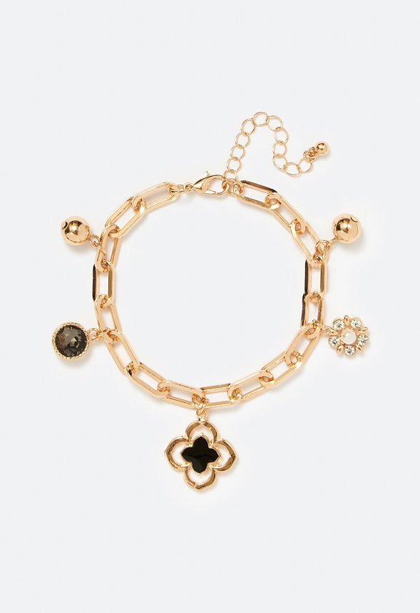 Orla Link Chain Bracelet With Enamel Clover Drop Black/ Gold