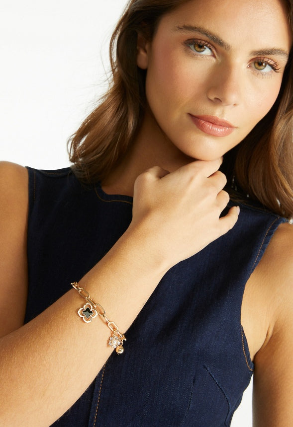 Orla Link Chain Bracelet With Enamel Clover Drop Black/ Gold