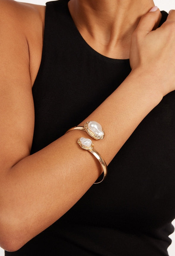 Julia Double Organic Pearl Metal Cuff Bracelet Cream/ Gold