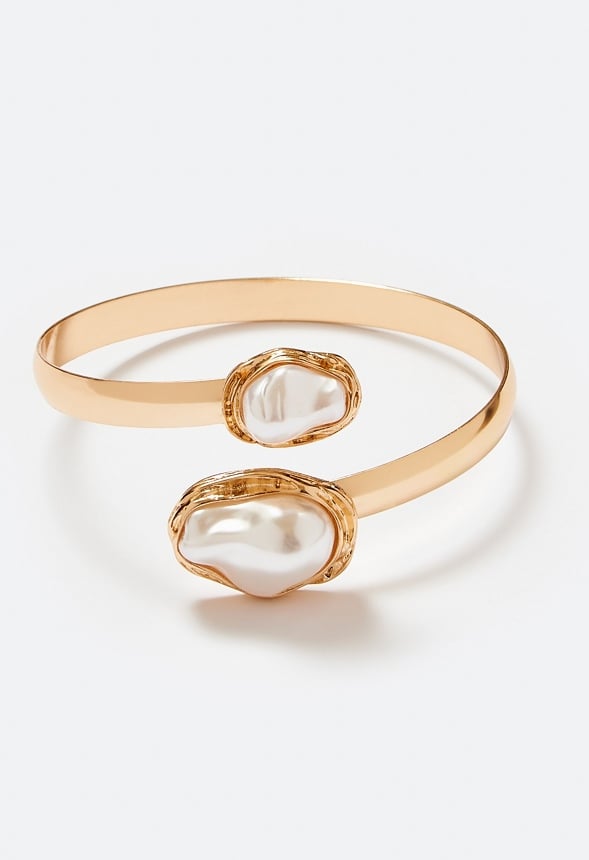 Julia Double Organic Pearl Metal Cuff Bracelet Cream/ Gold