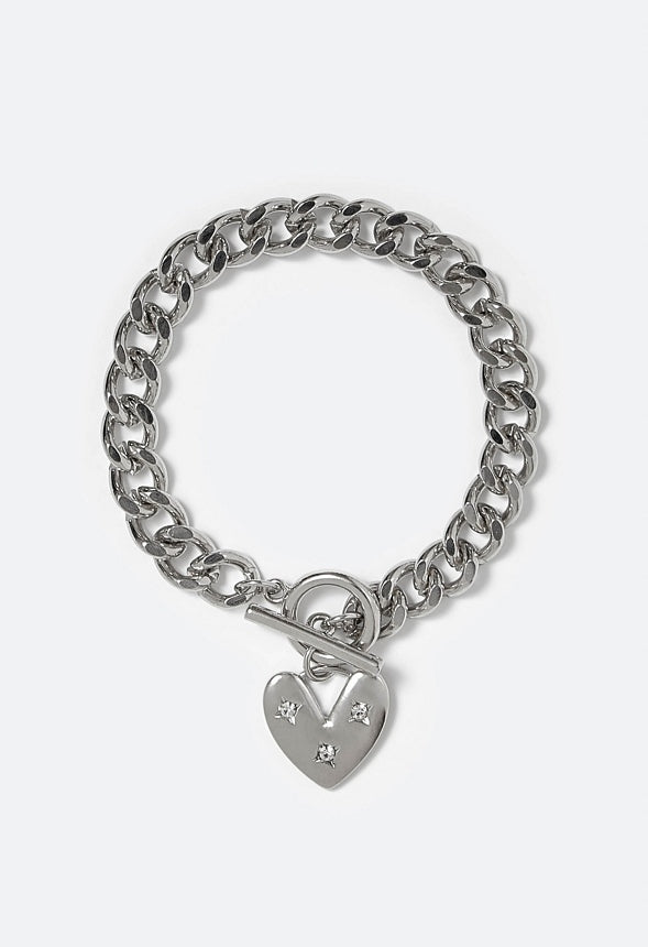 Aiko T-Bar Chain Bracelet With Glass Stones On Hea Crystal/ Silver