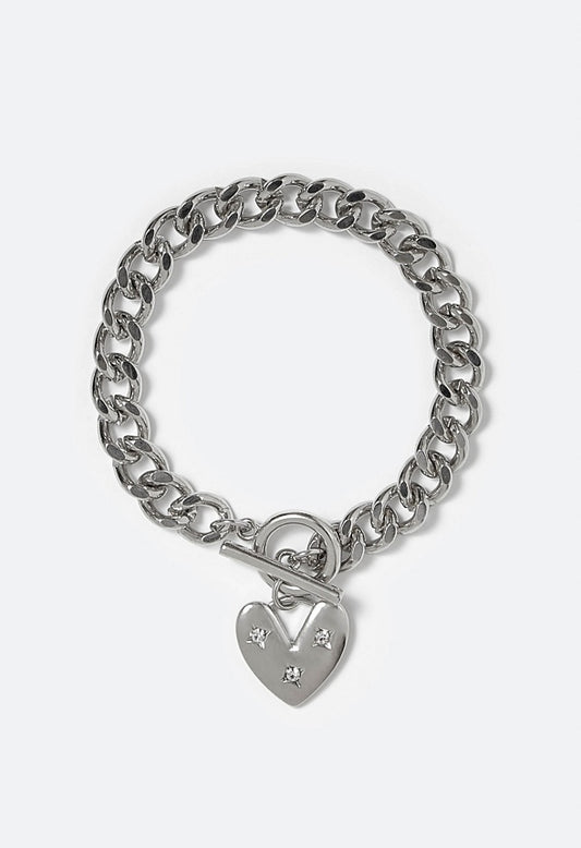 Aiko T-Bar Chain Bracelet With Glass Stones On Hea Crystal/ Silver