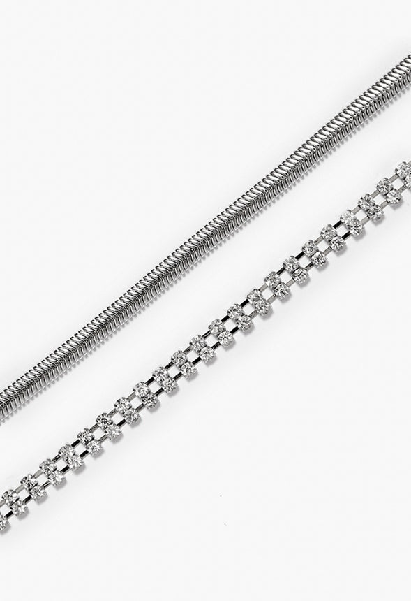 Kali Chain And Rhinestone Anklets Silver