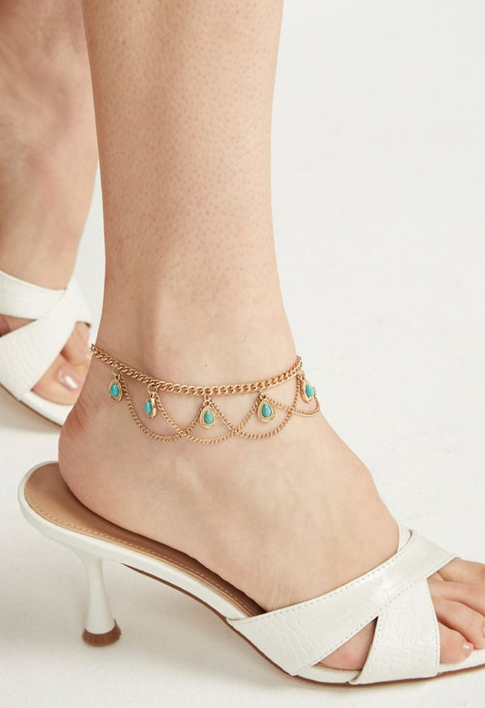 Leah Teardrop Turquoise Chain Anklet  Turquoise/Antique Gold