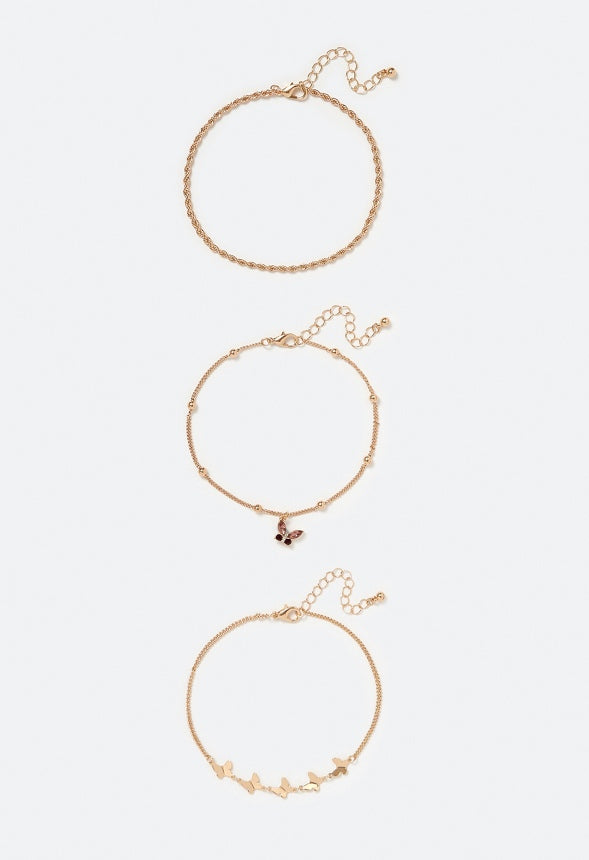 3-Piece Ruth Metal And Glass Stones Butterfly Anklet Crystal/ Gold