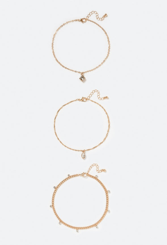 3-Piece Mira Glass Stones Drops & Square Charm Anklet Crystal/ Gold
