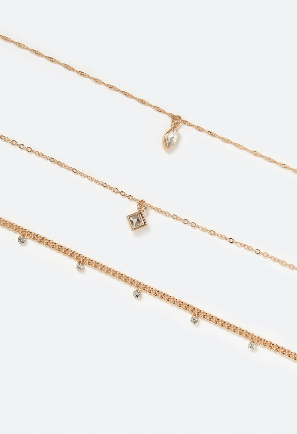 3-Piece Mira Glass Stones Drops & Square Charm Anklet Crystal/ Gold