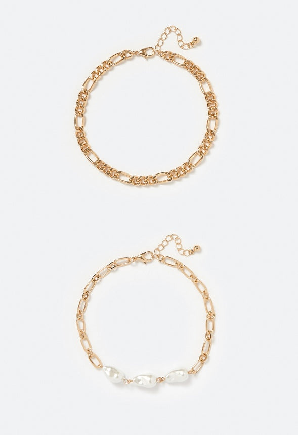 2-Piece Maia Curbchain & Glass Pearls Anklet Cream/ Gold