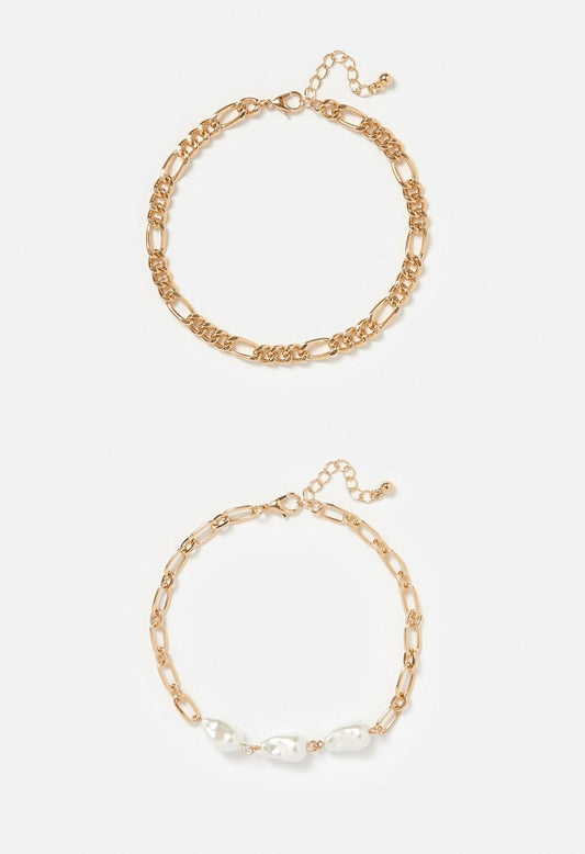 2-Piece Maia Curbchain & Glass Pearls Anklet Cream/ Gold