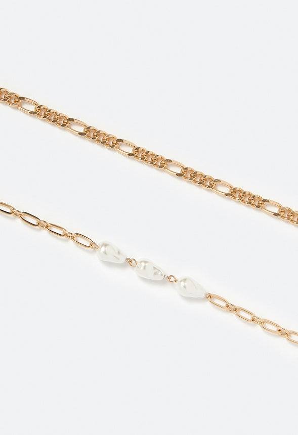 2-Piece Maia Curbchain & Glass Pearls Anklet Cream/ Gold