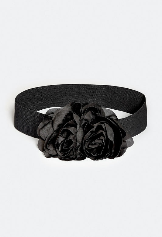 Dee Elastic Waist Belt With Double Flower Corsage Black