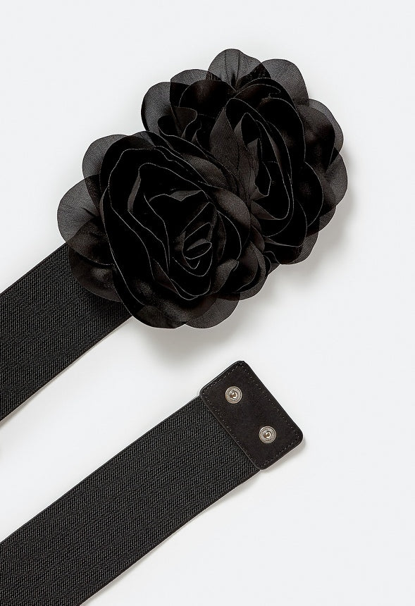 Dee Elastic Waist Belt With Double Flower Corsage Black
