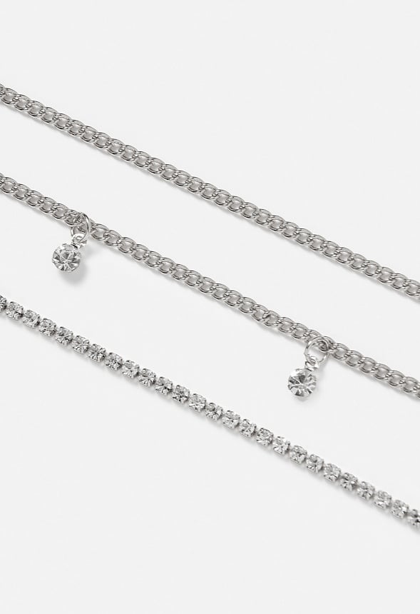 3-Rows Jana Fine Belly Chain With Glass Rhinestone Drops Silver