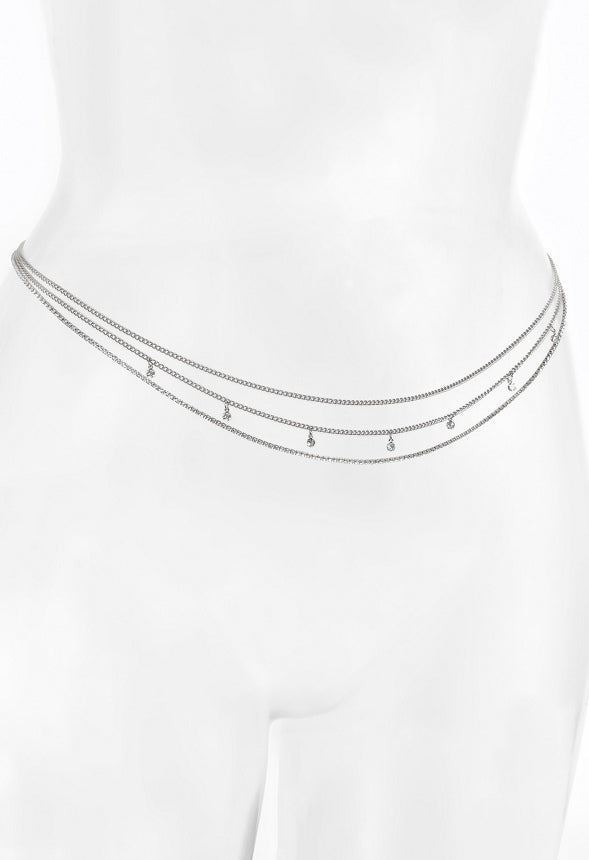 3-Rows Jana Fine Belly Chain With Glass Rhinestone Drops Silver