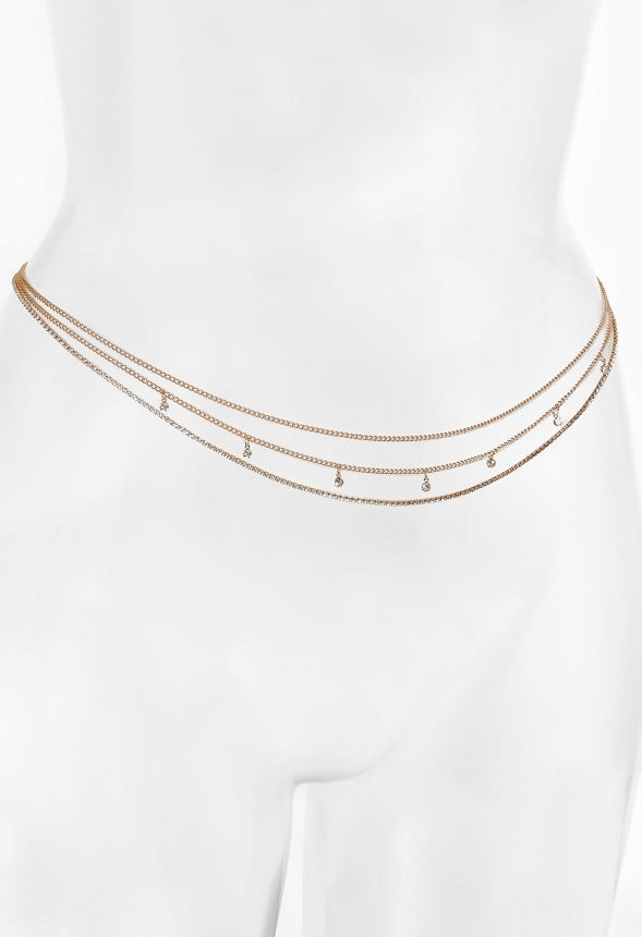 3-Rows Jana Fine Belly Chain With Glass Rhinestone Drops Gold