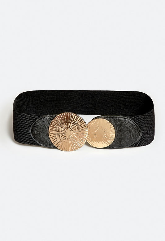 Hala Elasticated Waist Belt With Double Disc Buckle With Sunburst Design Black