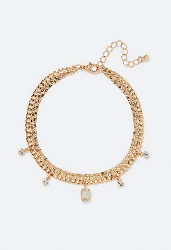 3-Rows Jin Anklet With Glass Stone Drops  Gold/ Crystal