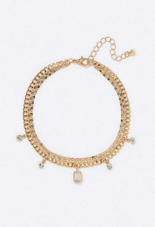 3-Rows Jin Anklet With Glass Stone Drops  Gold/ Crystal