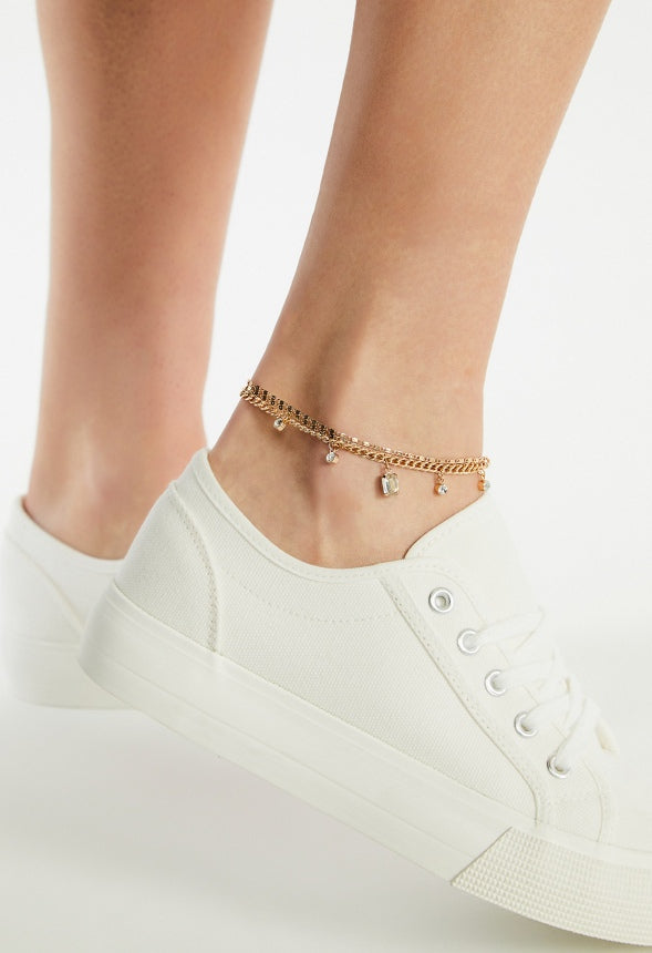 3-Rows Jin Anklet With Glass Stone Drops  Gold/ Crystal