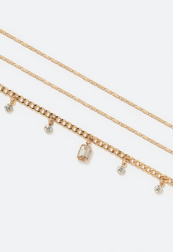 3-Rows Jin Anklet With Glass Stone Drops  Gold/ Crystal