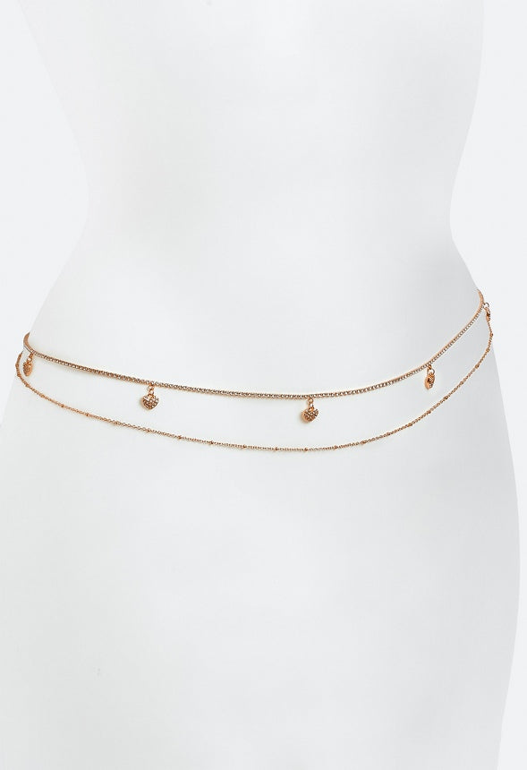 2-Rows Ivy Cupchain Belly Chain With Heart Drops Crystal/ Gold