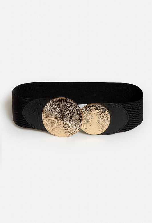 Halo Elasticated Waist Belt With Double Disc Buckle with Sunburst Design Black