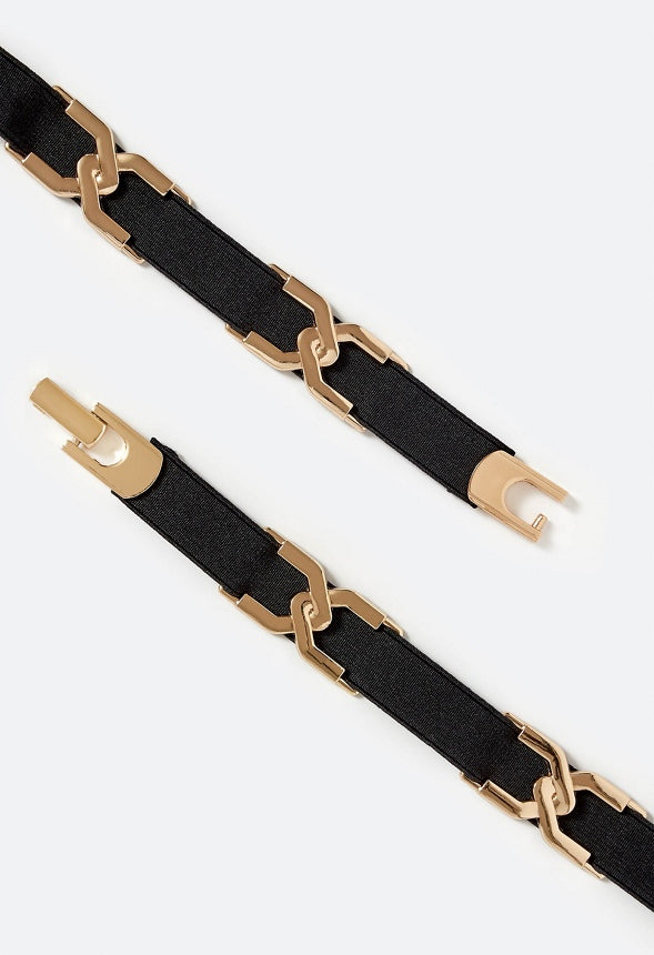 Lucy Woven Chain And Fabric Elastic Waist Belt Black/ Gold