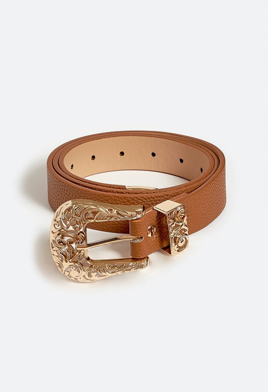 May Filigree Western Buckle Belt Tan/ Gold