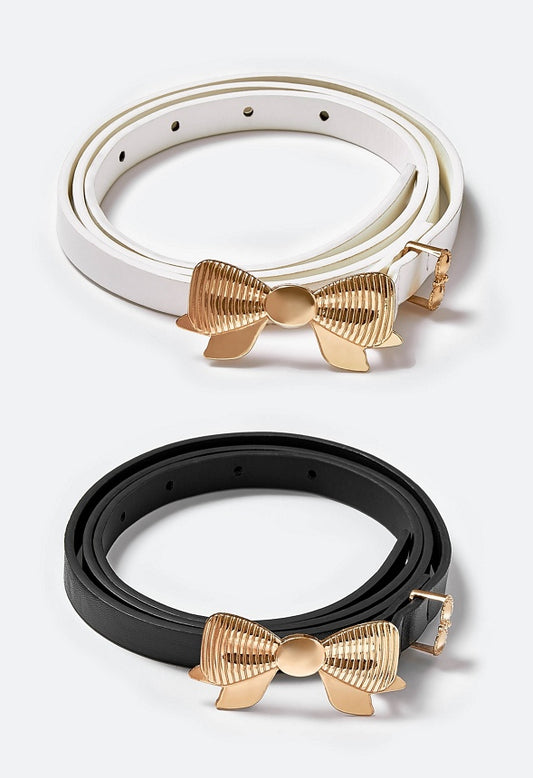 Lila 2 Pack Belts With Ribbed Effect Bow Buckle White/ Black