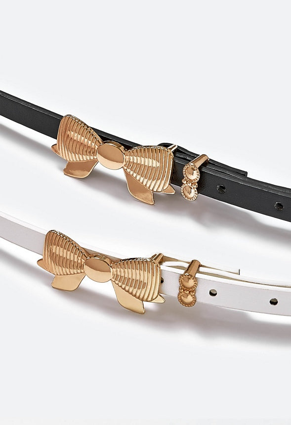 Lila 2 Pack Belts With Ribbed Effect Bow Buckle White/ Black