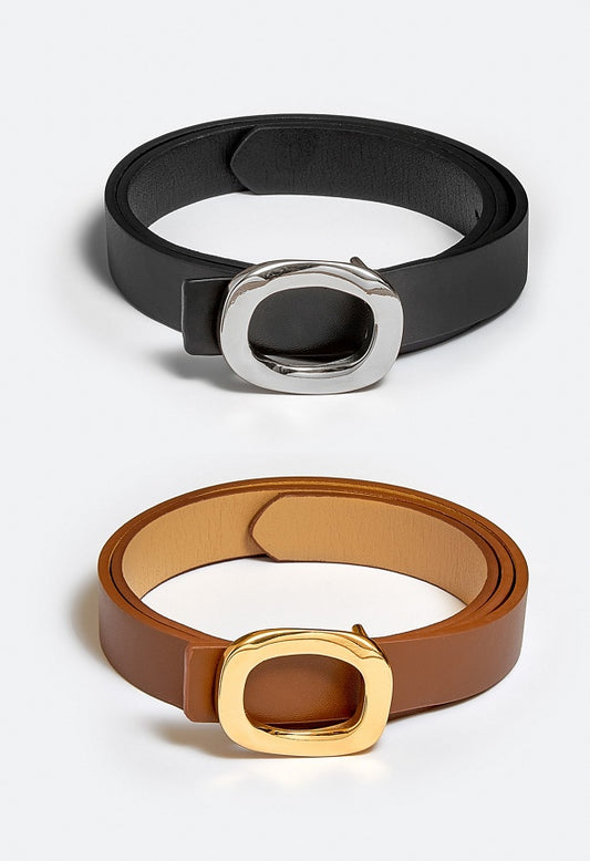 2-Pack Cara Organic Shape Buckle Belts Tan/ Black