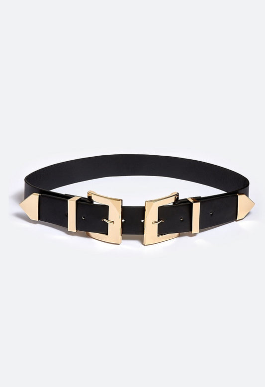 Kacy Adjustable Double Buckle Faux Leather Belt Gold/ Black