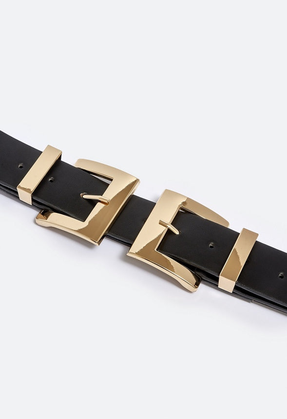Kacy Adjustable Double Buckle Faux Leather Belt Gold/ Black