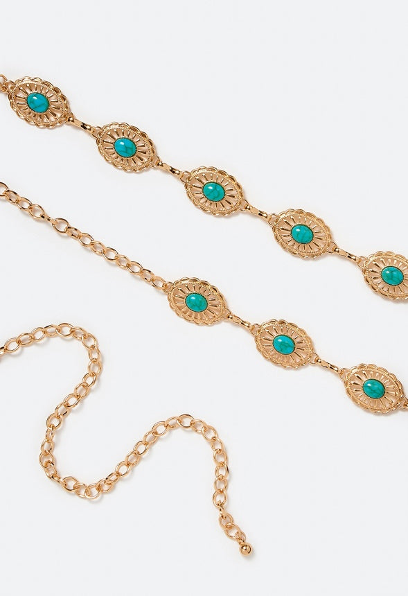 Cleo Faux Turquoise Inlay Chain Belt Turquoise/ Gold
