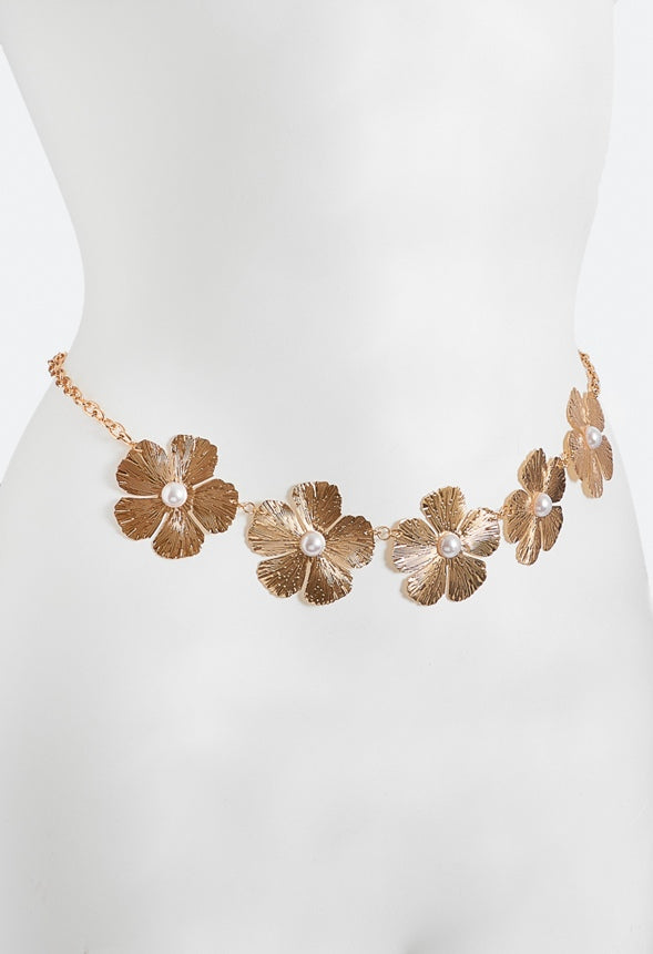 Haley Textured Flowers Chain Belt Cream/ Gold