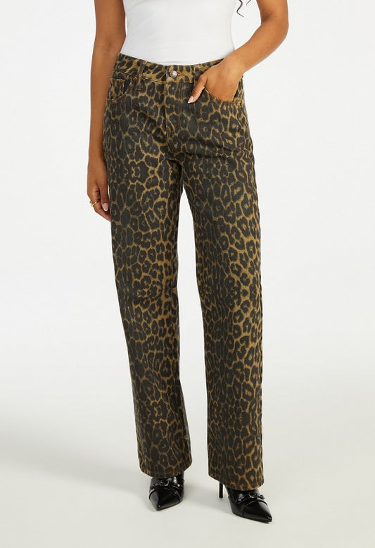 Low Rise Straight Leg Denim Jeans Leopard Print